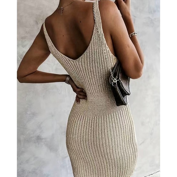 Khaki Ribbed Knit Bodycon Mini Dress Medium - Picture 2 of 5